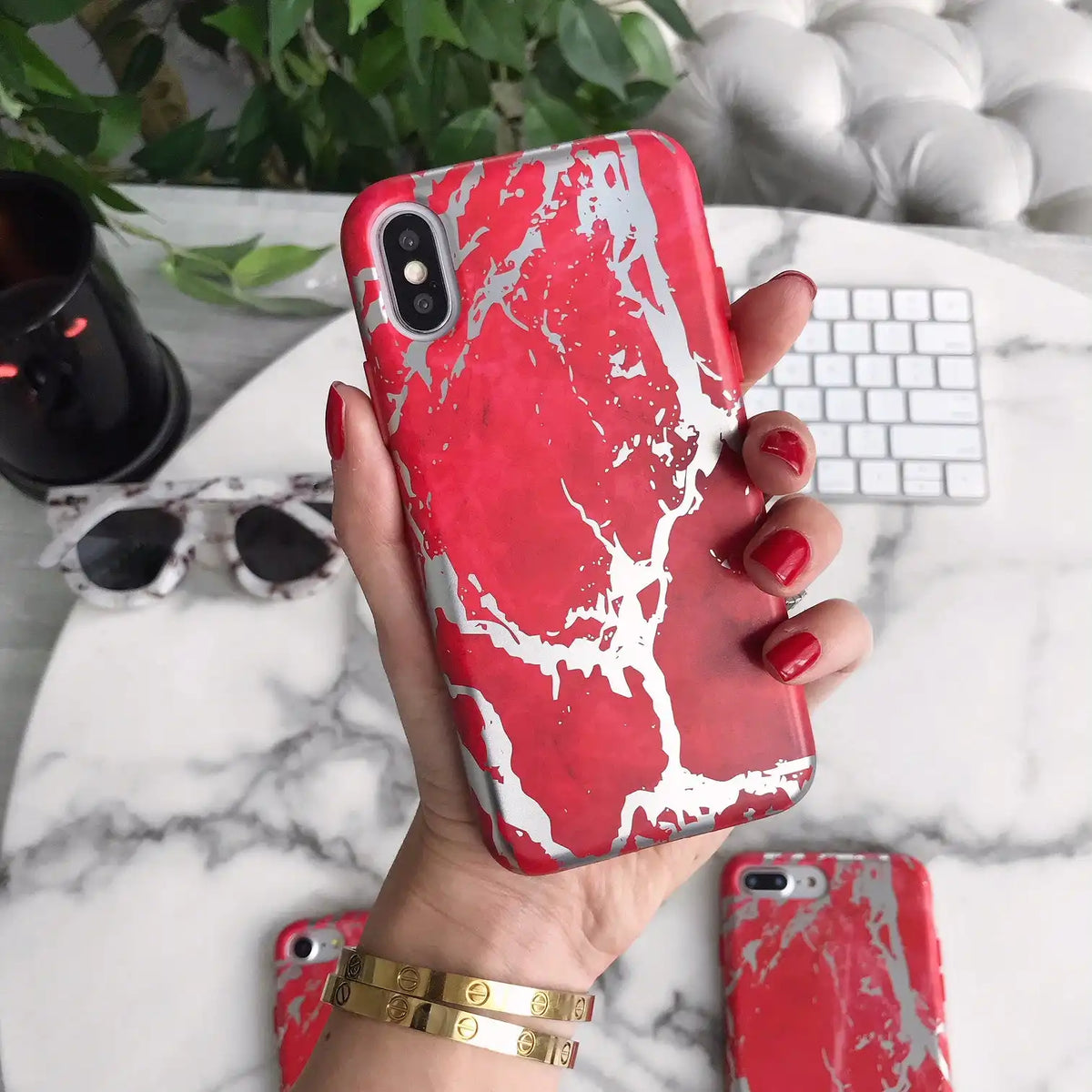 Red Marble Silver Chrome iPhone Case
